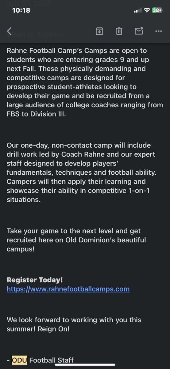 Thank you for the camp invite!! #ODU @ODUFootball @KylePollockFB @off7v7 @Rivals @On3sports @247Sports @RivalsFriedman