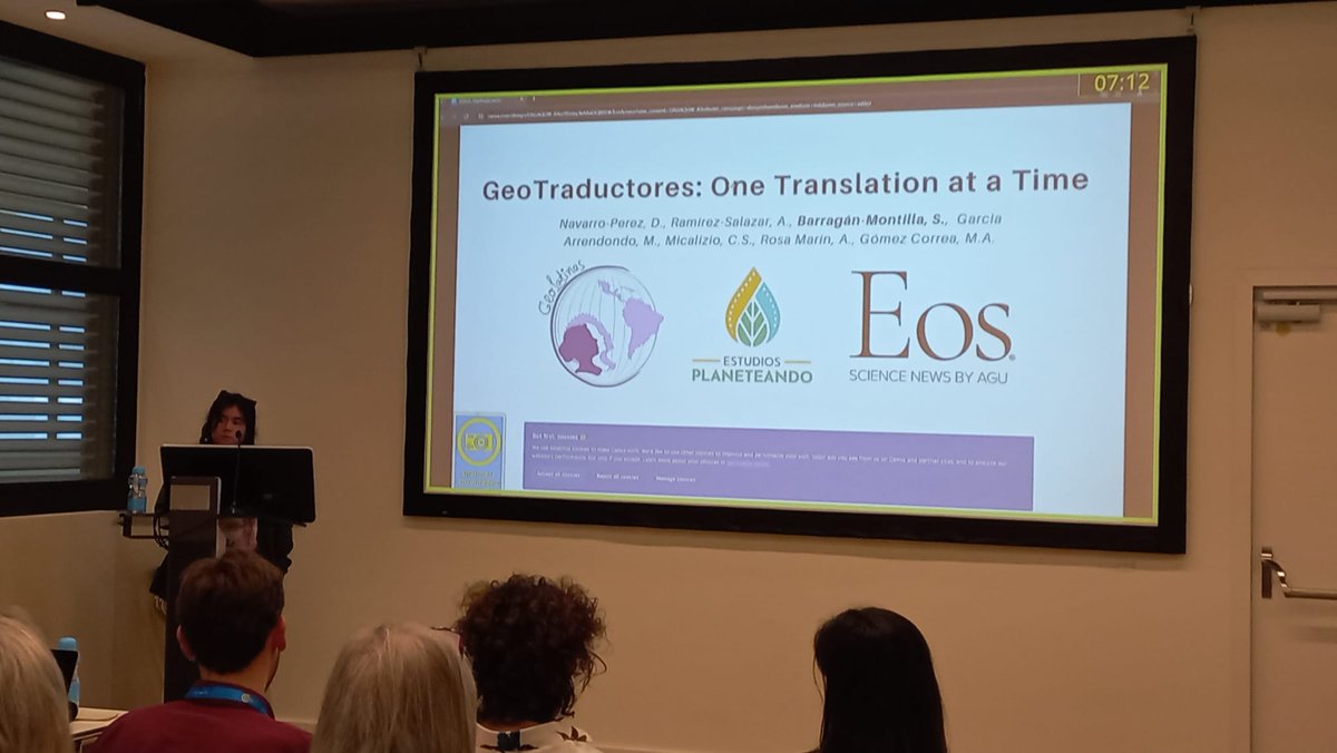 Many thanks to Sofía Barragán-Montilla for representing the GeoTraductores initiative at #EGU24 👏 Read our abstract doi.org/10.5194/egusph… GeoTraductores is a collaboration between GeoLatinas, @Planeteand0 and @AGU_Eos for the Eos en Español project (eos.org/eos-en-espanol).