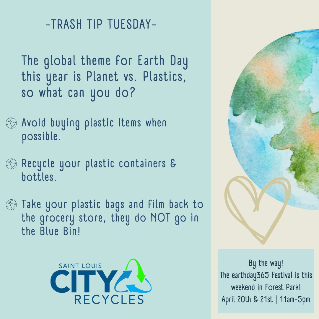 You can take small steps this Earth Month to avoid plastics, and make a BIG impact. Our Plastics 201 blog has more information on plastics too! 

Plastics 201 blog: stlcityrecycles.com/plastic-recycl…

#TrashTipTuesday #SayNOtoPlastics #EarthMonth #STLCityRecycles #STLCity #STL