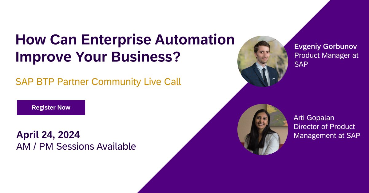 📢 Calling all #SAPPartners! Join our next Partner Community Call and learn how #EnterpriseAutomation with SAP helps optimize processes with built-in AI, integrating SAP and non-SAP applications across hybrid environments. 🚀

Register now: imsap.co/6011b6N5l