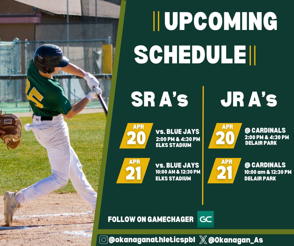 Okanagan_As's tweet photo. UPCOMING SCHEDULE
Senior A's (1-3) have their first home series of the year as they host @DeltaBluejays
Junior A's (0-4) travel to Abbotsford to take on the Cardinals
#okanaganathleticspbl #okanaganA #okanagan #athletics #baseballbc #baseballcanada #okanaganbaseball #bcpbl https://t.co/GfcRhvuDHE