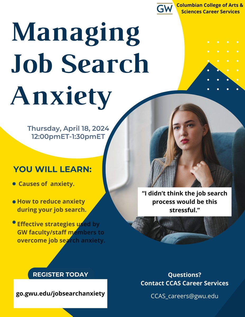 Searching for a job can be stressful. However, feelings of nervousness and uncertainty are all natural parts of finding employment. Join Career Services to learn how to manage job search-related anxiety so you can better navigate the process. Register ➡️ bit.ly/3PYFtMg