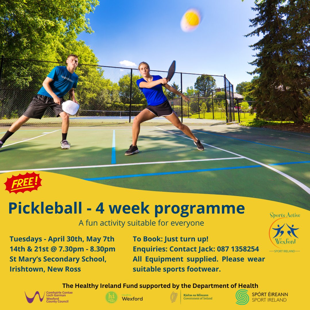Pickleball is coming to New Ross Suitable for all ages, pickleball is a fun and exciting game. Our 4 week programme will commence on 30th April @ 7.30pm at St. Mary’s Secondary School. No need to book, just turn up! @wexfordcoco @sportireland @HealthyWexford