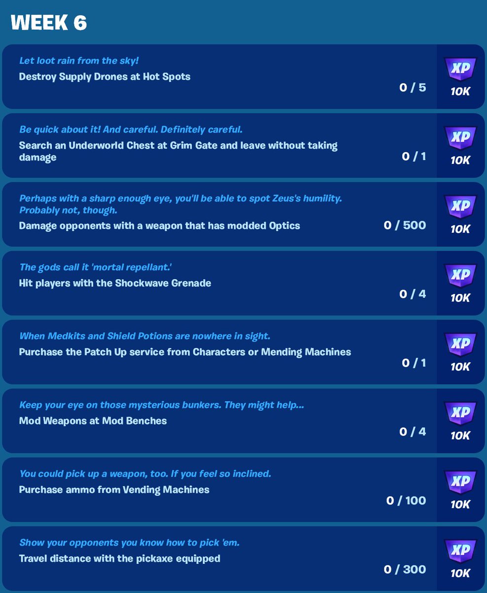 #Fortnite Ch5, S2: Week 6 Quests are now live! Bottom 2 are in case of replacements and not enabled.