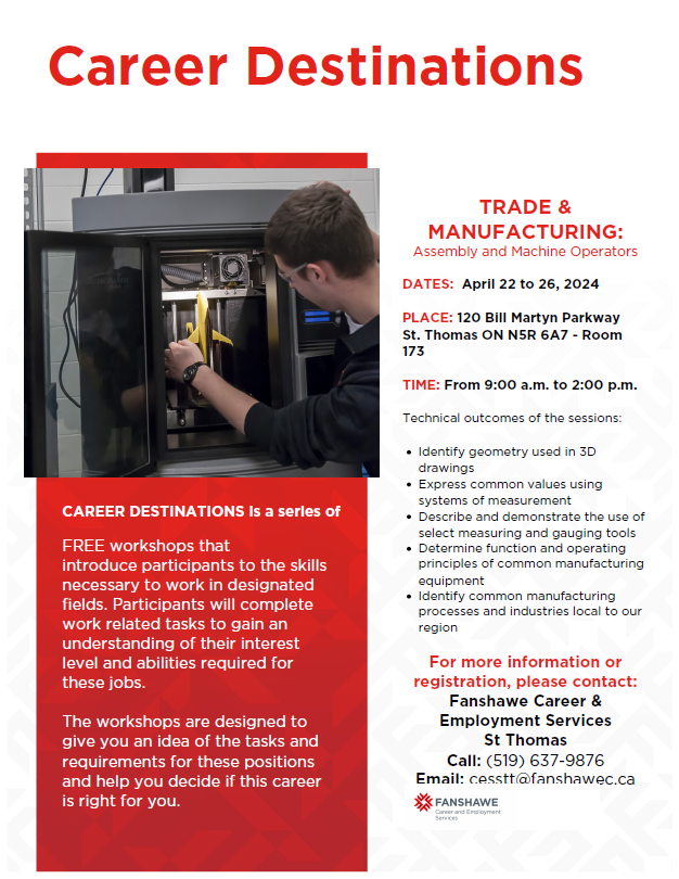 Interested in a career in trade or manufacturing? Fanshawe Career and Employment Services is hosting a FREE workshop all next week! Call 519-637-9876 for more info.