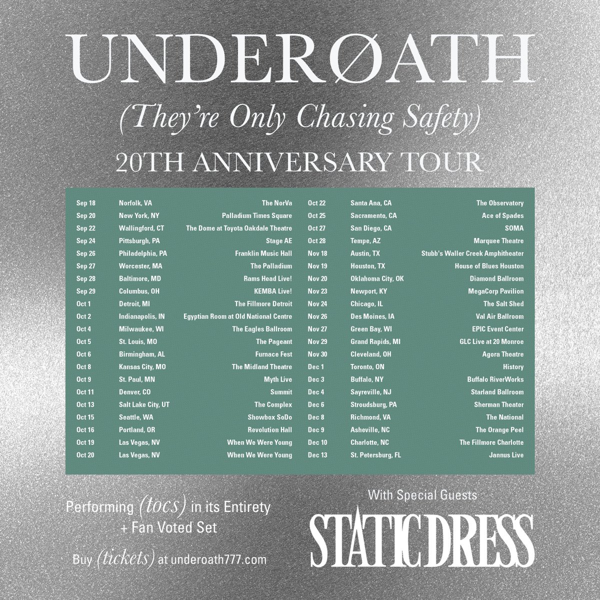 UnderoathBand's tweet photo. Twenty. Years. This is going to be like nothing we’ve ever done. ‘They’re Only Chasing Safety’ in full every night plus *another* set of songs voted on by each city. Every song from every album over the past 20 years will be on the table. Happening on our EU/UK tour as well. https://t.co/o84jO8ywG7