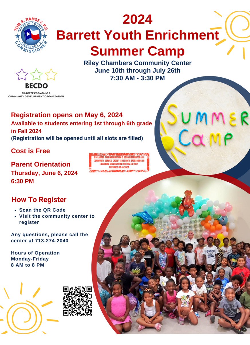 FREE SUMMER CAMP! Barrett Youth Enrichment Summer Camp: June 10-July 26. Registration opens | May 6* Parent Orientation | June 6 *QR code won't work until then #MovingForward