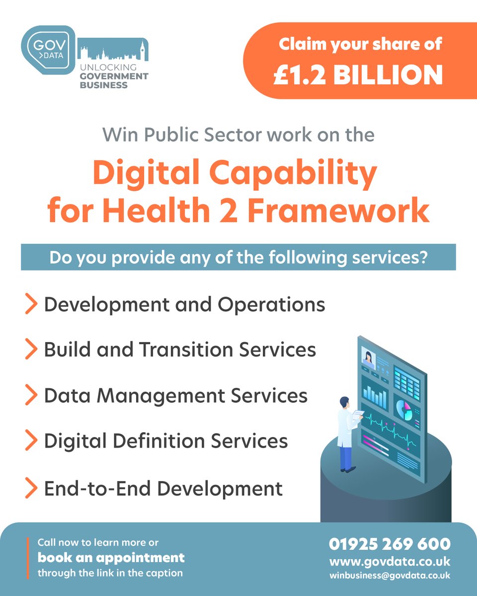 GovData Ltd (@govdataltd) on Twitter photo The £1.2 billion Digital Capability for Health 2 Framework provides application development and management services for public health and social care programmes.
Book a free meeting: outlook.office365.com/book/Discovery.
You can also contact us on 01925 269600 or winbusiness@govdata.co.uk. The £1.2 billion Digital Capability for Health 2 Framework provides application development and management services for public health and social care programmes.
Book a free meeting: outlook.office365.com/book/Discovery.
You can also contact us on 01925 269600 or winbusiness@govdata.co.uk.