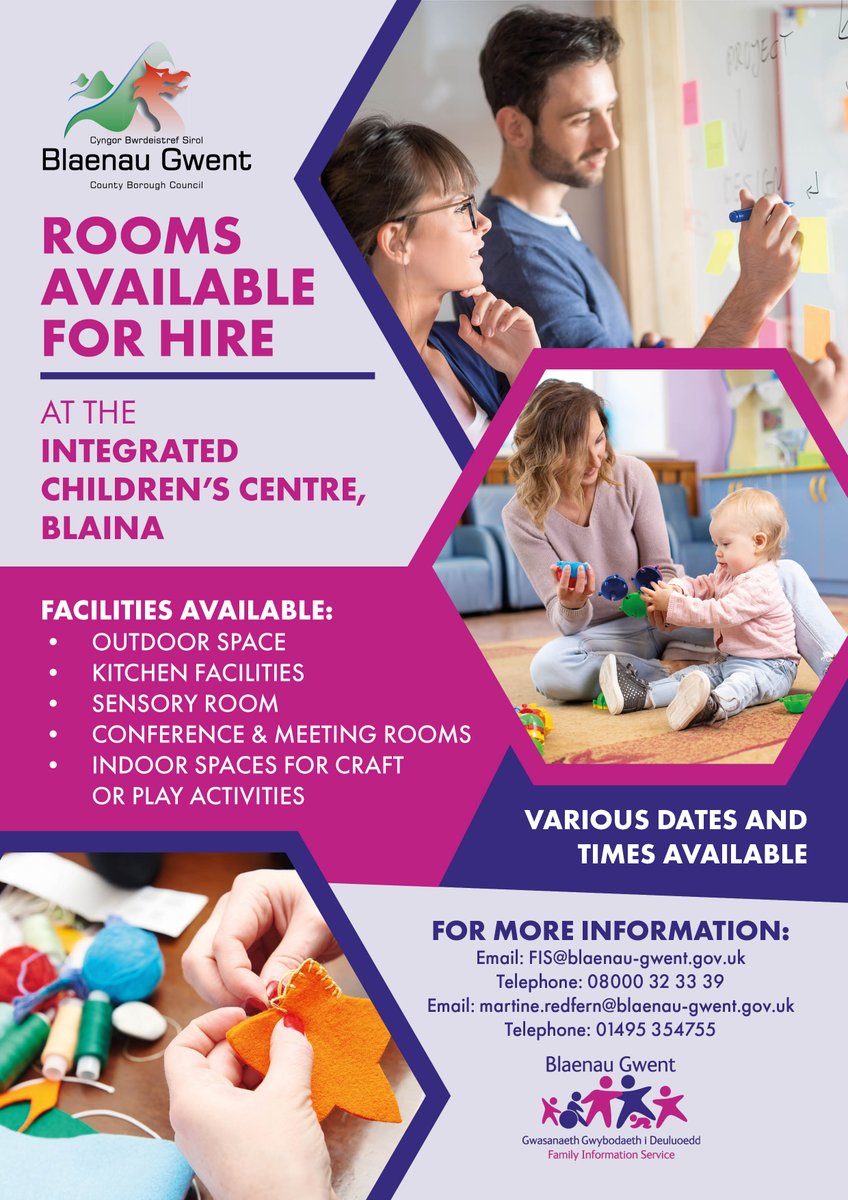 Rooms Available for Hire at The Integrated children's centre, Blaina For more information: FIS@blaenau-gwent.gov.uk