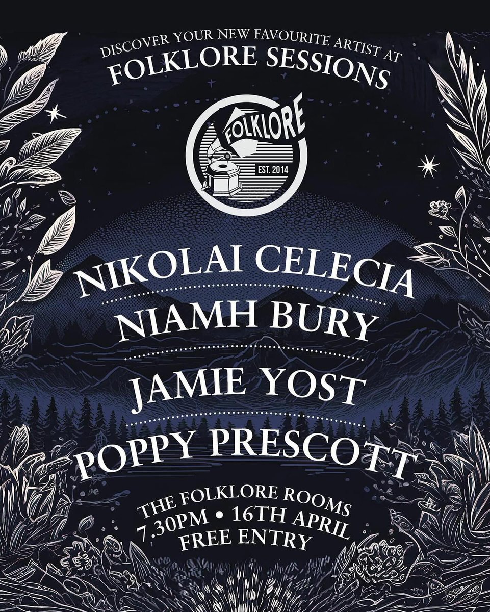 TONIGHT @folklorerooms 🖤 Doors will be opening slightly earlier earlier due to the extra this month act so arrive for 7.15PM - FREE ENTRY NIKOLAI CELECIA @Niamh_Bury @jamieyostmusic @poppy_prescott + @chrisriddell50 ✏️ Hosted by @jacko_hooper FOLKLOREx