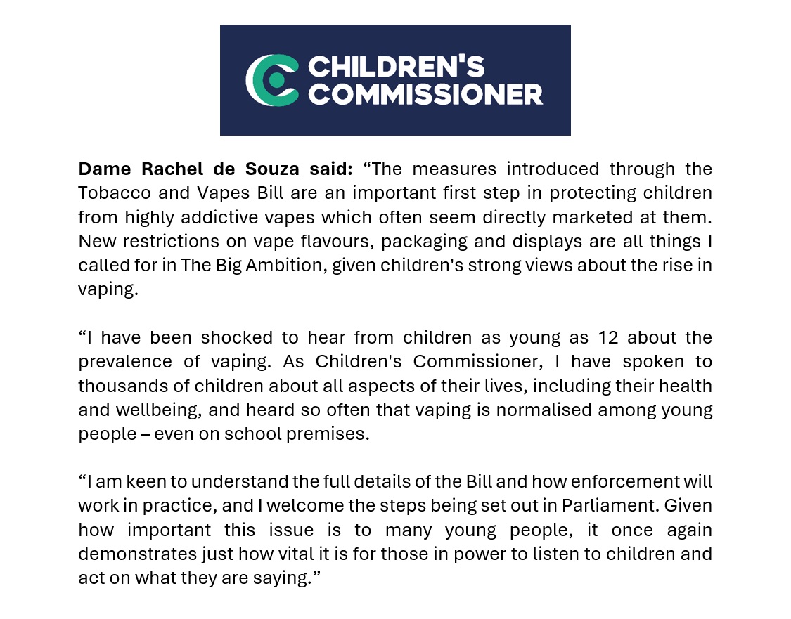 New restrictions on vape flavours, packaging and displays outlined in the Tobacco and Vapes Bill, are all things I called for in #TheBigAmbition. It's been shocking to hear from children about the prevalence of vaping, even on school grounds. Read my full statement 👇
