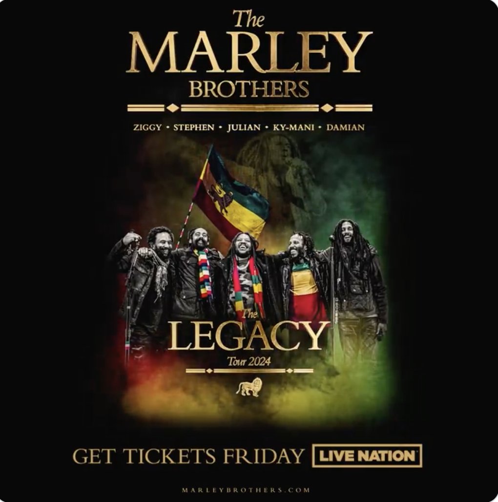 NEW // Hope ya like jammin' too, because reggae's most famous family—@ziggymarley, @stephenmarley, @JulianMarley, @MaestroMarley and @damianmarley—are joining forces for The Legacy Tour, which hits venues across the US/CA this fall!

Get tickets 10am Fri🇯🇲 tinyurl.com/4z3symck