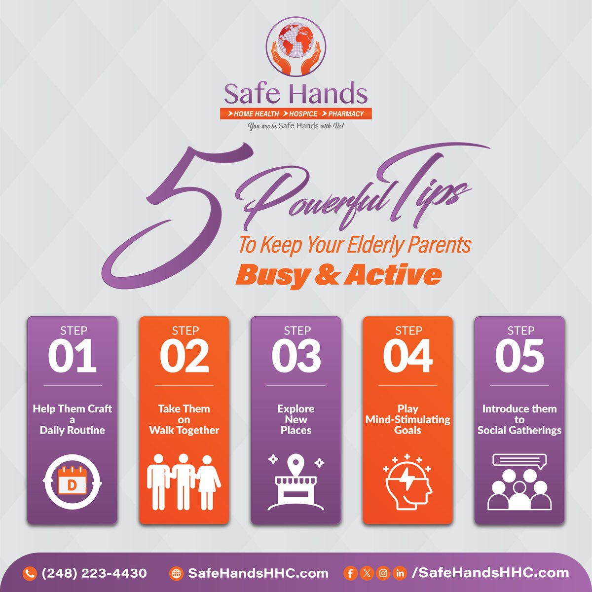 At Safe Hands, we believe in the power of an active mind and body, no matter the age. Here's our 5-step recipe for keeping your elderly parents bustling with life! 📅🤾‍♂️

Feel free to contact us now: +1 (248) 223-4430
or
Visit us: safehandshhc.com

#SafeHandsHHC #Healthcare