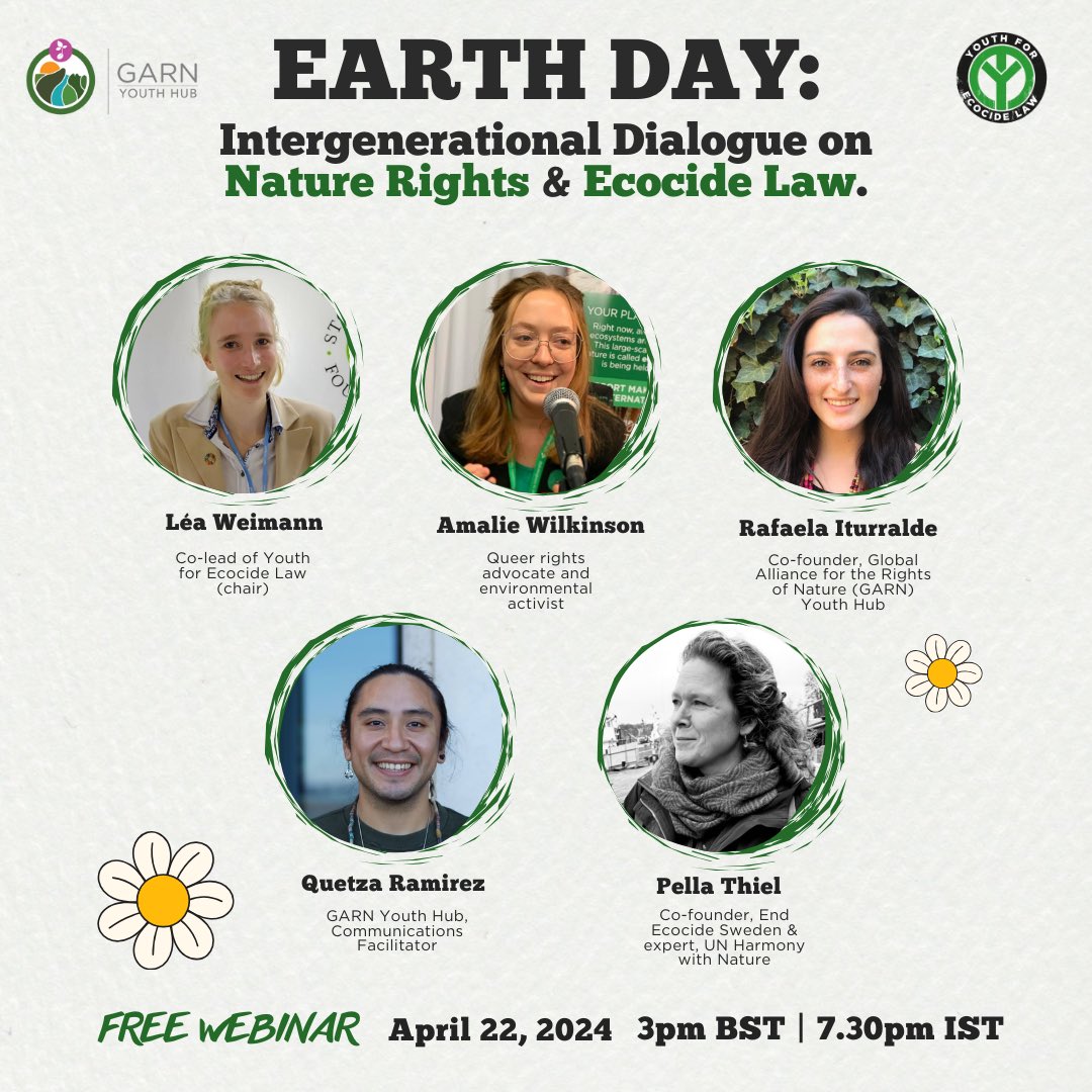 As passionate advocates for ecocentric laws, Earth Day provides a fantastic opportunity to delve deeper and explore the interrelationship between ecocide law and the rights of nature. Join us at 3pm BST 

Registration Link: us02web.zoom.us/webinar/regist…

#youth #earthday #law #nature