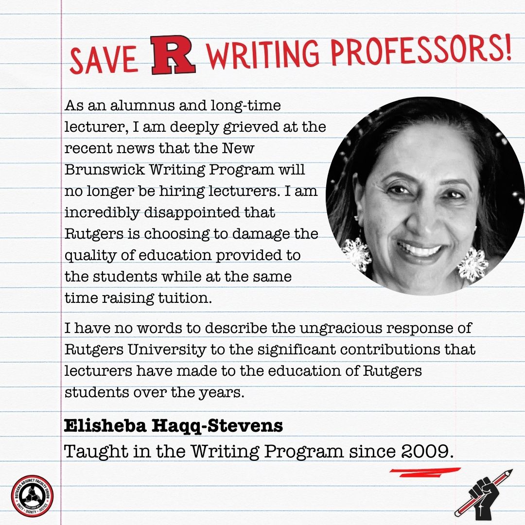 ruaaup_ptl's tweet photo. Elisheba has been teaching in the NB Writing Program for 15 years. If the cuts proposed by the Rutgers admin go through, she will be one of the 29 Writing Program lecturers that lose their jobs next Fall. Is this how Rutgers treats long-serving educators?#SaveRWritingProfessors https://t.co/R9Lszz4X8T