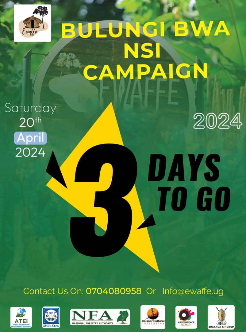 3 Days To Go! Join us and other partners as we green and clean Mukono in a 'Bulungi Bwa Nsi' campaign organized by @EwaffeVillage. Through our #PetATree campaign, everyone present will have a chance to plant a tree! Be a part of this great cause.