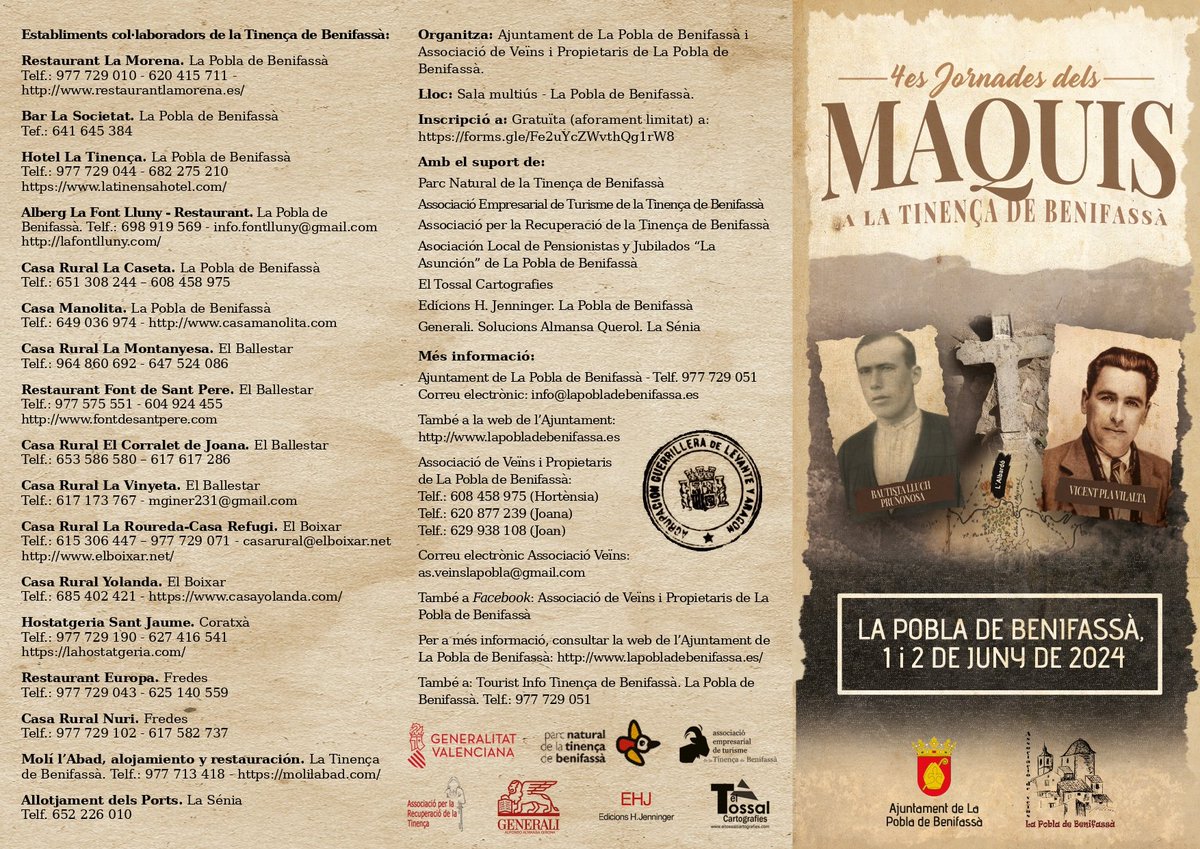 Programa i cartell de les 4es Jornades dels Maquis a la Tinença de Benifassà. Amb conferències, rutes, presentacions literàries, rutes guiades, música i homenatges. 1 i 2 de juny, a la Pobla de Benifassà