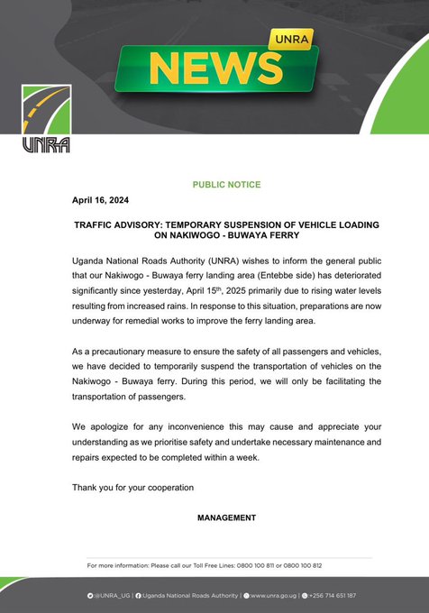 Transportation of vehicles via the Nakiwogo - Buwaya ferry has been suspended since April 15 2024 until further notice due to the rising levels of water and @UNRA_UG  now wants to remedial works to improve the ferry landing site...
#UgMoving4wd
#Safetyandresponsibility
EFRIS