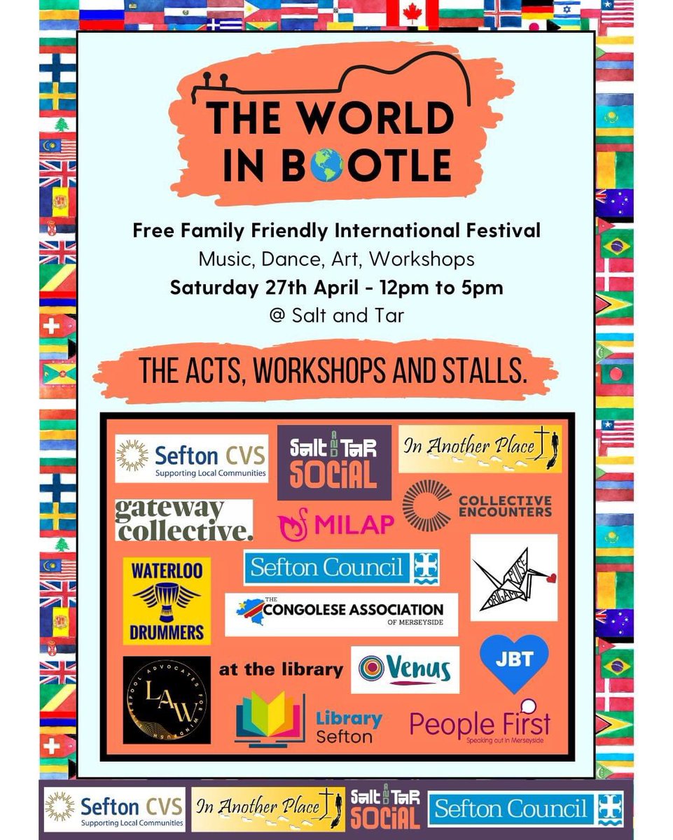 Sefton CVS (@seftoncvs) on Twitter photo The World in Bootle International Festival is fast approaching!🌍
This FREE festival for all the family will bring art, music, dancing and workshops to Salt and Tar in the heart of Bootle!
We are excited to announce more about the line up soon!
<a href="/seftoncouncil/">Sefton Council</a> #MySefton The World in Bootle International Festival is fast approaching!🌍
This FREE festival for all the family will bring art, music, dancing and workshops to Salt and Tar in the heart of Bootle!
We are excited to announce more about the line up soon!
<a href="/seftoncouncil/">Sefton Council</a> #MySefton