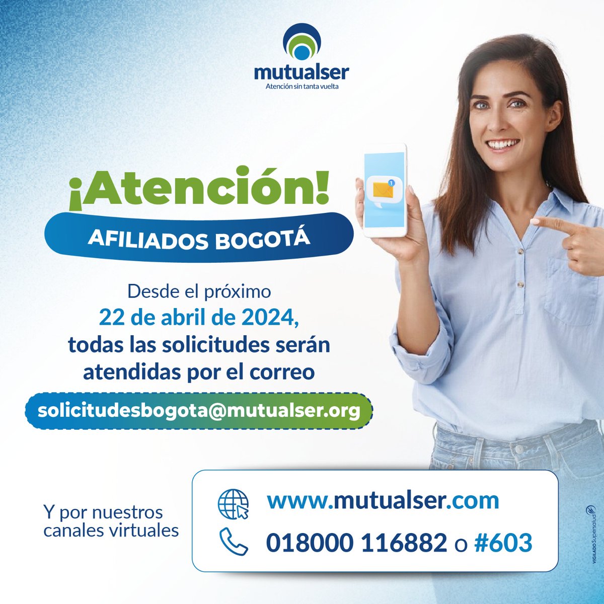 Afiliado, nuestra oficina de atención virtual en Bogotá ahora tiene un solo correo para atender tus solicitudes sin tanta vuelta. #mutualsereps #mutualserepspensandoenti