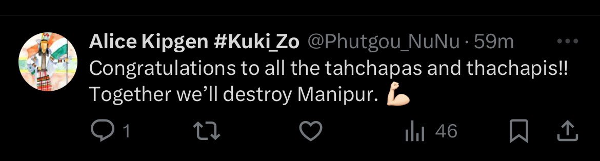 Some #Kuki_Zo sevari are so destined in destroying #Manipur that a congratulatory note says “together we’ll destroy Manipur”. @Phutgou_Nu let them work and you continue your Seva. Your mentality describes your community. Minai Nupi