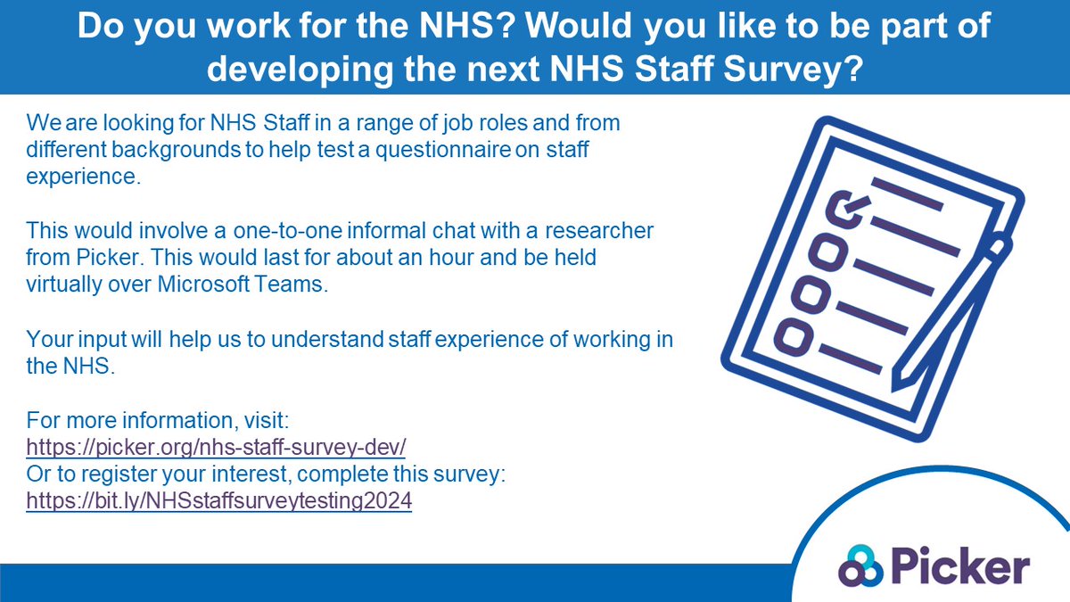 Help improve NHS staff experience by testing the NHS staff survey!

For more information, visit: picker.org/nhs-staff-surv…. 

To take part in the screening survey to register your interest, go to bit.ly/NHSstaffsurvey….

#NHS #NSS #NHSStaffSurvey #NHSStaffExperience #NSS24