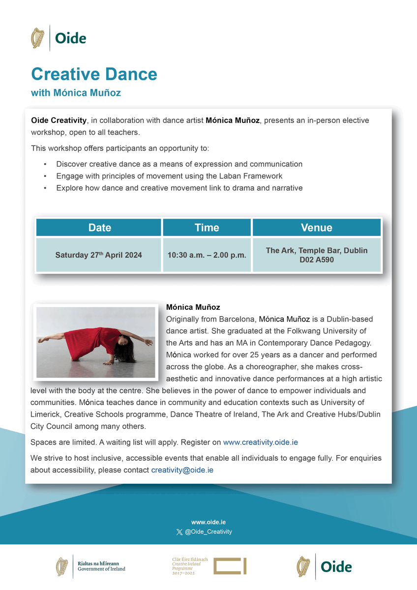Get your dancing shoes on! In collaboration with <a href="/MunozDance/">MonicaMunozMarinDance</a> we are in <a href="/TheArkDublin/">The Ark Dublin</a> on Sat 27th April for a workshop exploring creative dance as a means of expression and communication. Open to all teachers, register here: creativity.oide.ie