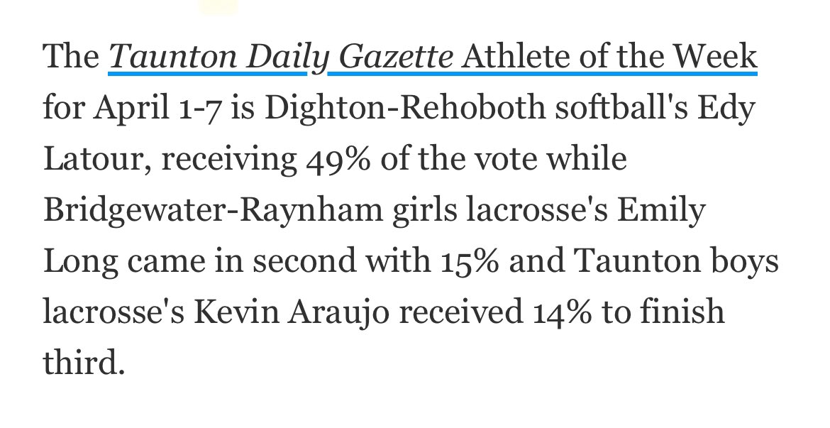 Thank you Taunton Daily Gazette for voting me player of the week!!!