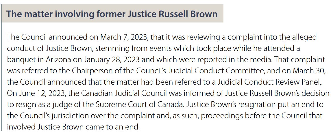 LawScribes's tweet image. Inaugural 'Canadian Judicial Council Review of Complaints Against Federally Appointed Judges' March 2024 via @SCC_eng @CJC_CCM cjc-ccm.ca/sites/default/… Contains notes on retired Supreme Court Canada justice Russell Brown and recommendation to remove QCSC justice Gérard Dugré. #SCC