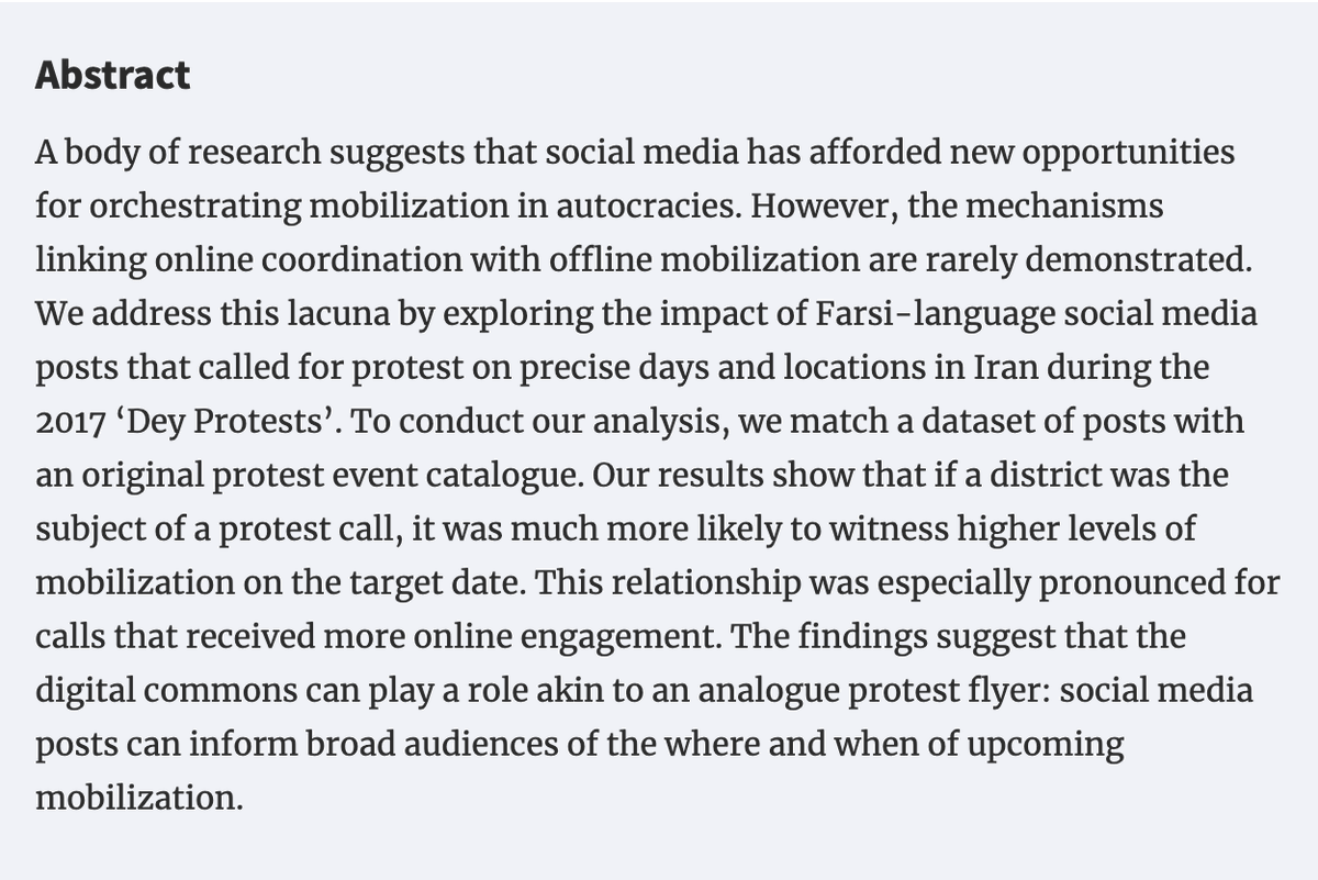 New article out at @ESR_news with Neil Ketchley, Abo Sotoudeh, @cbarrie We assess the effect of digital coordination on protest outbreak and size during an episode of antiregime protests in Iran 2017-18 known as 'Dey Protests.' academic.oup.com/esr/advance-ar…