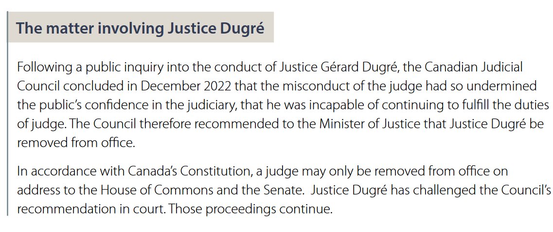 LawScribes's tweet image. Inaugural 'Canadian Judicial Council Review of Complaints Against Federally Appointed Judges' March 2024 via @SCC_eng @CJC_CCM cjc-ccm.ca/sites/default/… Contains notes on retired Supreme Court Canada justice Russell Brown and recommendation to remove QCSC justice Gérard Dugré. #SCC