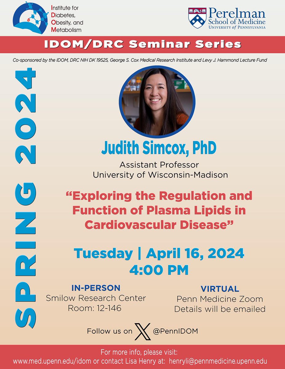 IDOM/DRC Seminar: 4/16/24 @4pm. Judith Simcox, Ph.D. @JudithSimcox - “Exploring the Regulation and Function of Plasma Lipids in Cardiovascular Disease” #IDOMSeminar