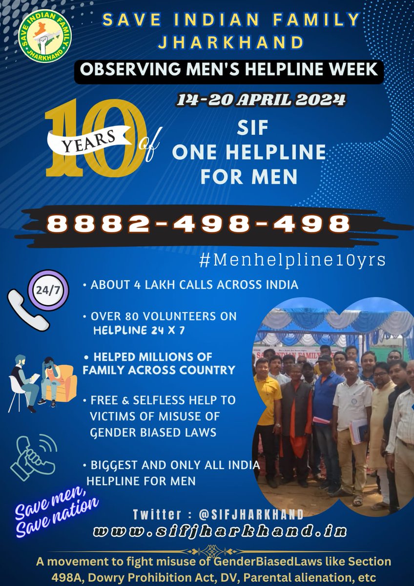 PrahaladPrasa13's tweet image. Men&apos;s help line No.8882-498-498 has helped to save many families across India against clutches of GenderBiasedLaws like 498A, Dowry act, DV, etc. It works 24×7×365. Free legal help, counseling, support are provided. SAVE MEN, SAVE NATION. SCARP 498A, DOWRY ACT. @JharkhandPolice