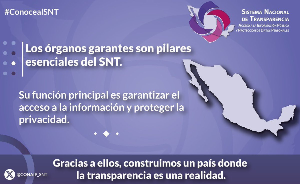 Con su actuación, los integrantes del Sistema Nacional de Transparencia buscan que la #Transparencia y la #ProteccióndeDatosPersonales sean una realidad para las y los mexicanos. #ConoceAlSNT