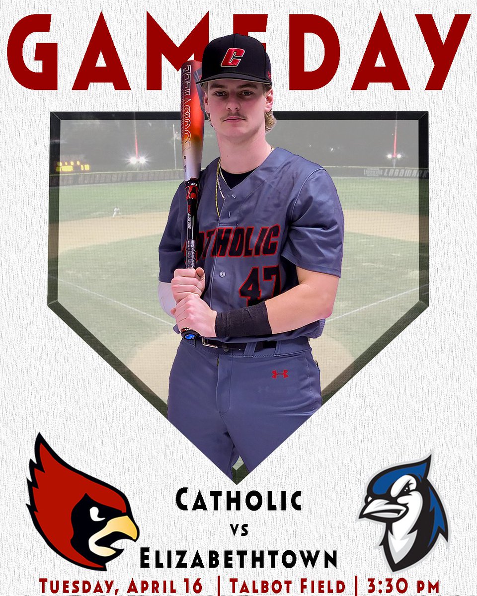 ⚾️ GAMEDAY!! Epic showdown coming in D.C. today as @CatholicU_BSB hosts the Blue Jays in a battle for the top spot in the @LandmarkConf. 🆚 Elizabethtown 📍 Talbot Field ⏰ 3:30 pm 📊 tinyurl.com/z824b8h9 📺 tinyurl.com/58f8nevb #ThisIsCatholicU #d3bsb