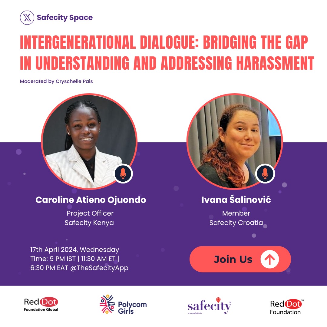 Please join us for a #Safecity Space with Caroline Atieno Ojuondo & Ivana Salinovic on 'Intergenerational Dialogue: Bridging the Gap in Understanding & Addressing Harassment'
 🗓17th April 2024, Wed
⏰️9:00 PM IST | 11:30 AM ET
📍bit.ly/ASHW_Space
 
#ASHW
#RedDotFoundation