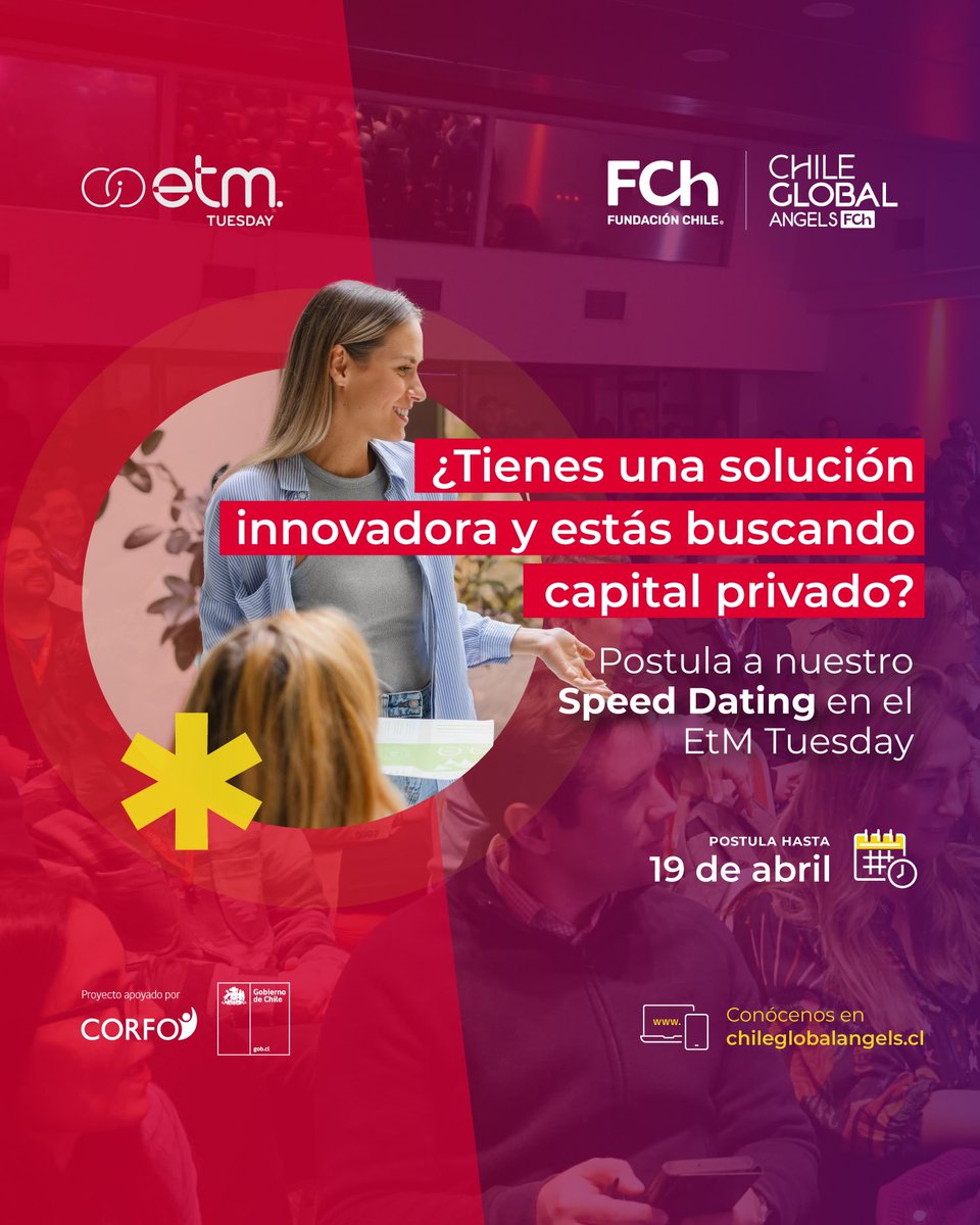 🔔 Nuestros partners de ChileGlobal Angels estarán participando en el primer #EtMtuesday de este año y te invitan a postular a su speed dating. 

¡No te quedes fuera! 🚨 Postula hasta el 19 de abril acá 📲 forms.office.com/pages/response…