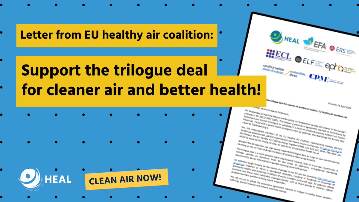 🫁 We're calling on all members of the EU Parliament to commit to tackling harmful #AirPollution. 
 
🚨 Dear MEP: adopt the #AirQuality directive revision (#AAQD) deal to protect health!

Our letter: ow.ly/qOJH50Rh9eB

#CleanAir4Health