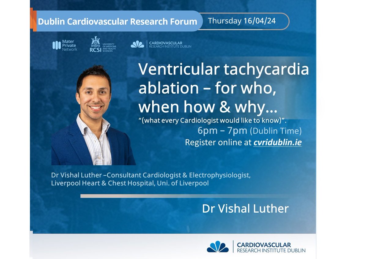 We are excited to welcome Dr Vishal Luther this Thursday at 6pm to present - Ventricular tachycardia ablation - for who, when how & why... '(what every cardiologist would like to know)' register here register.gotowebinar.com/register/39999… @materprivate @RCSI_Irl