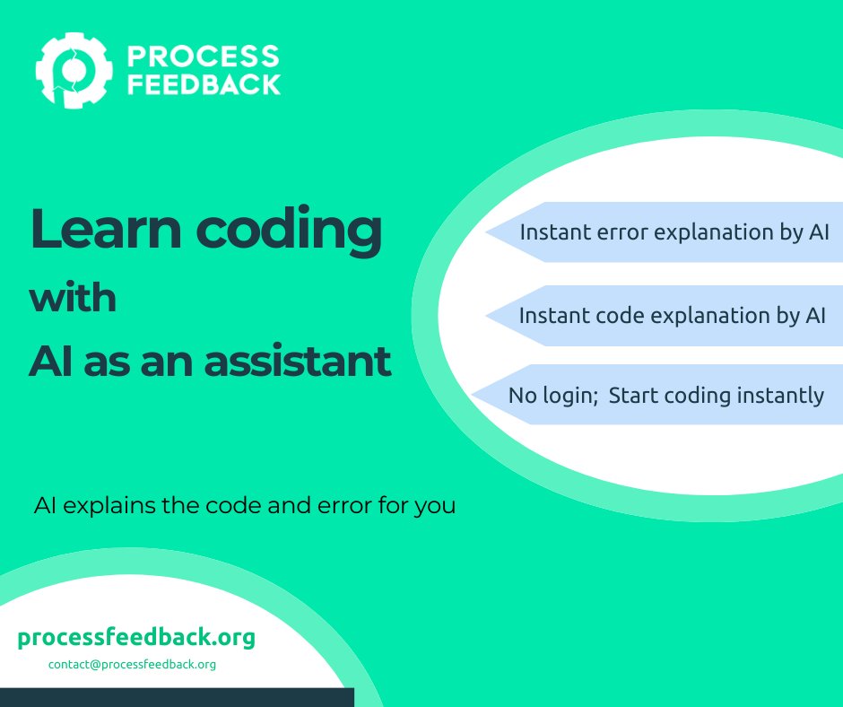 processfeedback's tweet photo. Process feedback offers real-time feedback to level up your coding skills with a personal AI tutor.  No login needed, just an internet connection.  Start your coding journey today!
Get more information at https://t.co/sfkSZbyJfD 
#processfeedback #CodingJourney #LearningJourney https://t.co/63GGlt2gfY