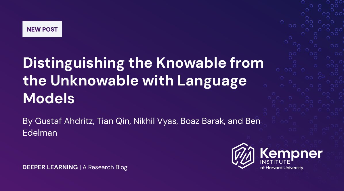 New Deeper Learning blog post: a linear probe can unlock LM's metacognitive capability to distinguish tokens that are 'knowable' from tokens where its predictions can't be improved. bit.ly/3U2emAP @gahdritz, Tian Qin, @vyasnikhil96, @boazbaraktcs, @EdelmanBen #AI #LLM