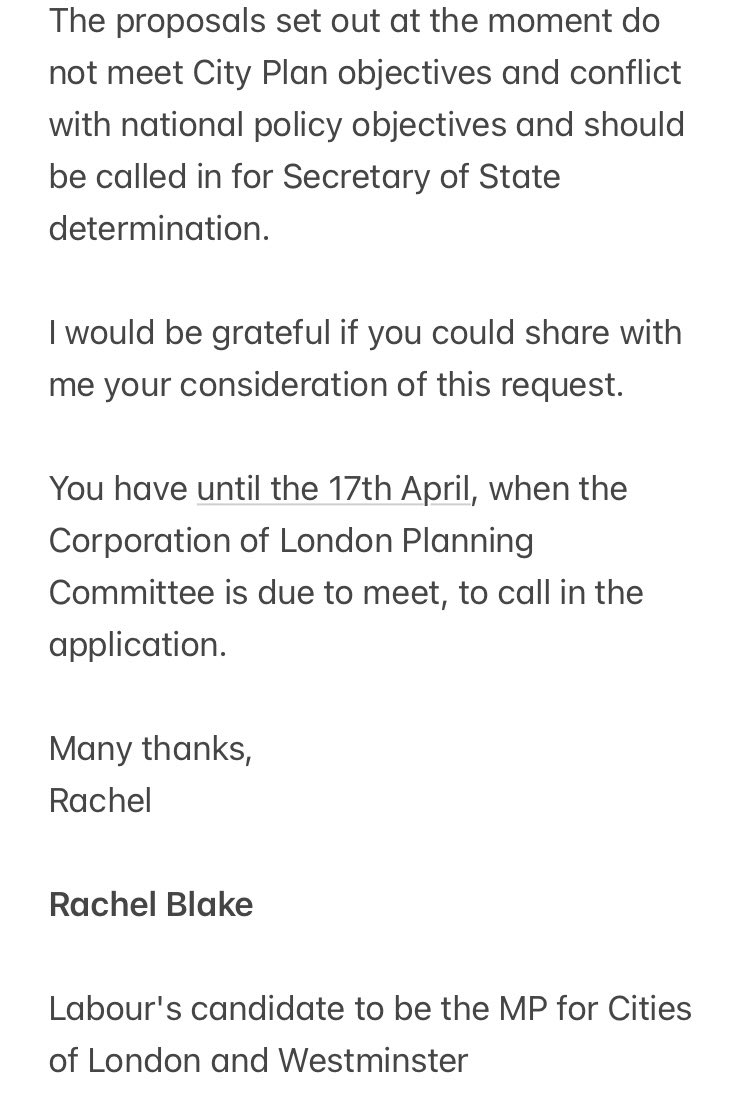 Tomorrow, the Corporation of London planning committee will be considering the London Wall West application. I have written to the Secretary of State asking him to call in this application for determination.