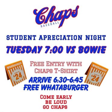 Baseball hosts game one with Bowie tonight at Woerner Field for Student Appreciation Night. Our friends at @Whataburger Digital Kitchen will be on hand so get there between 6:30-6:45 for some free food. Wear your Chap gear for free entry. See you at the ballpark. #GoChaps