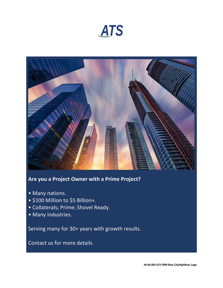 🎯Project Review? We are looking for Project Owners with Prime Projects …. 💡
$100 Million to $5 Billion+. Most nations.

Contact GX@ATS-BUSINESS.COM
☑ ATS-Business.com
 
 #consulting #finance #innovation #investment #projectmanagement