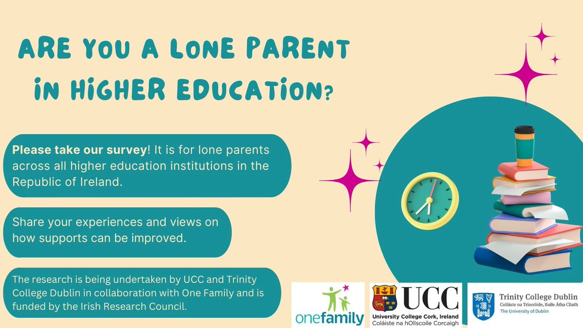 Are you a lone parent in higher education? Researchers from @uccappsoc, @ISS21UCC @SWSP_TCD collaborating with @1familyireland are researching the experiences of being a lone parent and the benefits and challenges. Please contribute by taking the survey: ucc.qualtrics.com/jfe/form/SV_73…