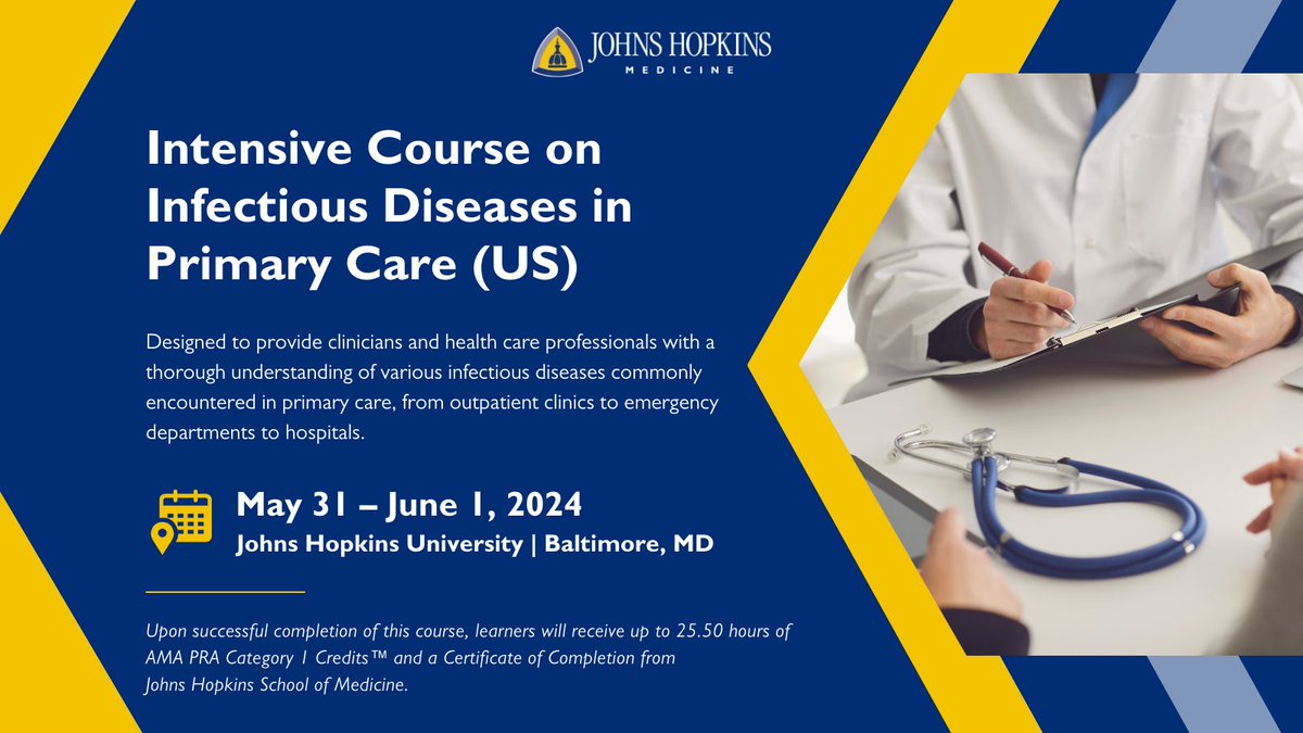 There's still time to register! Intensive Course on #InfectiousDiseases in Primary Care, offering 2 days of in-person training & accompanying self-paced online modules. #CME available! Baltimore: May 31-June 1, 2024. Learn More: bit.ly/48YWLjT #primarycare @HopkinsCME