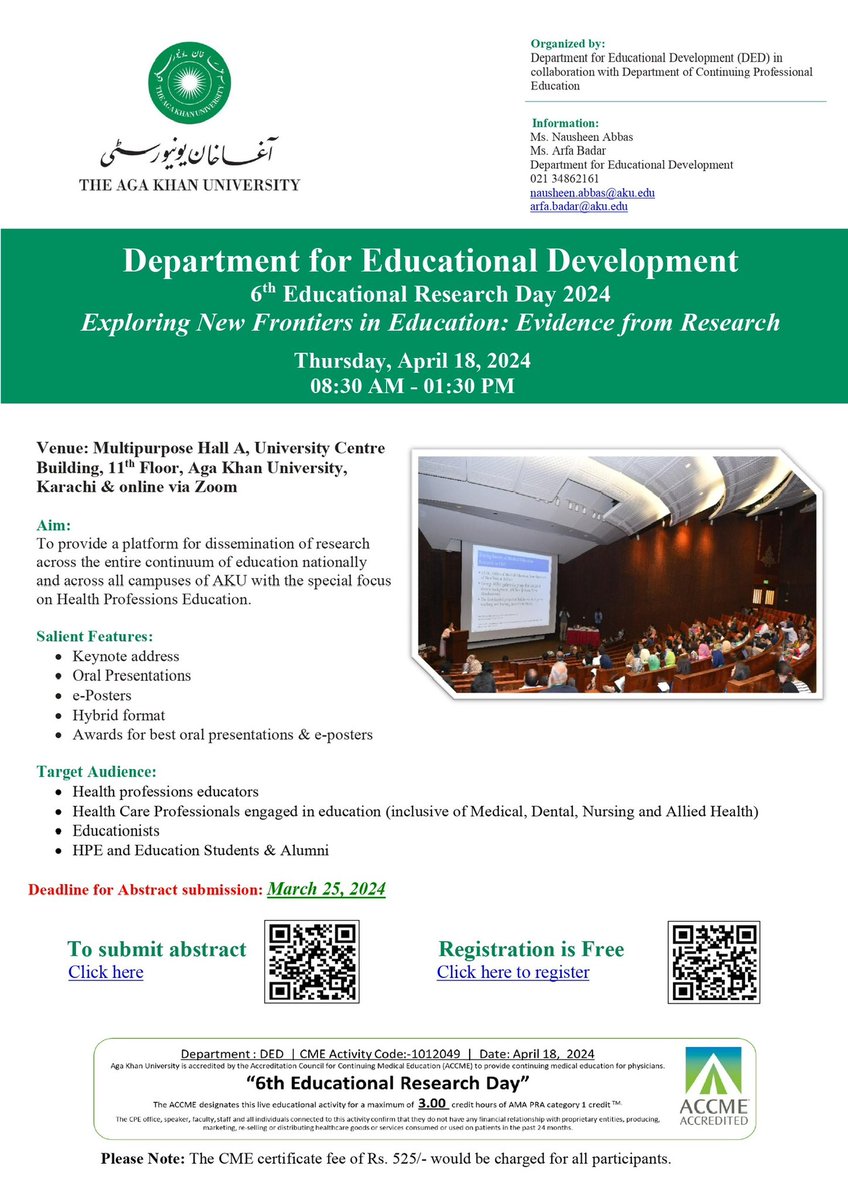 I cordially invite you to 6th Educational Research Day 2024 on April 18 from 08:30 am to 01:30 pm PKT at Aga Khan University, Karachi or online via website.

sites.google.com/view/dedakures…

#akuglobal #akuded #akuexamboard #research #education #educationalresearch #medicaleducation
