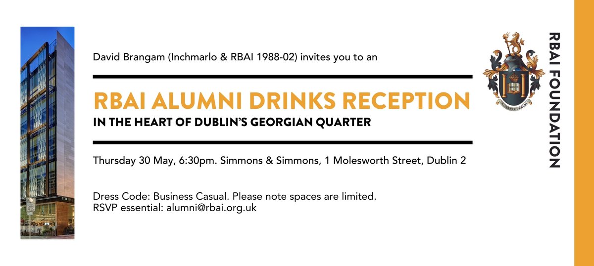 David Brangam (Inchmarlo & RBAI 1988-02) is hosting an Alumni Drinks Reception at his offices in the heart of Dublin's Georgian Quarter. Spread the word to any Dublin-based alumni who might be interested! Thursday 30 May at 6:30pm RSVP: alumni@rbai.org.uk