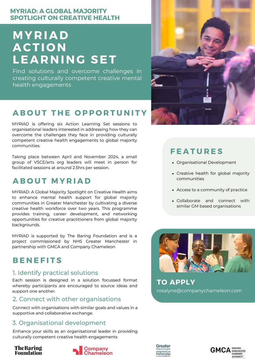 As part of MYRIAD with @chameleon_info we're interested in how we as organisations can address and overcome the challenges in providing culturally competent creative health global majority communities. Link to EOI form: forms.office.com/e/u7Ldi0Ddwx #creativehealth