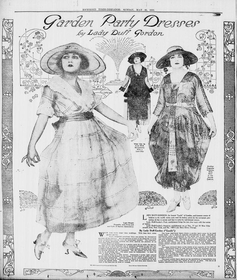 A gorgeous array of #GardenParty dresses by Lady Duff Gordon from the Richmond Times Dispatch, May 30, 1920. #ChronAmParty #VaChron